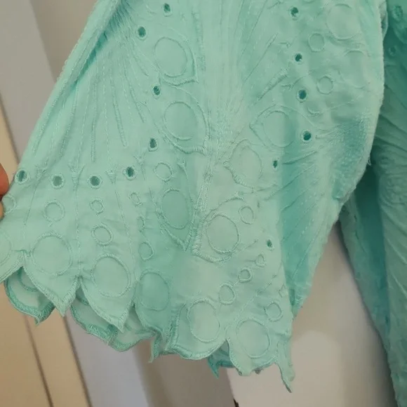 Soft surroundings V-Neck Cotton Embroidered Crop Blouse 2x Aqua - Picture 5 of 8